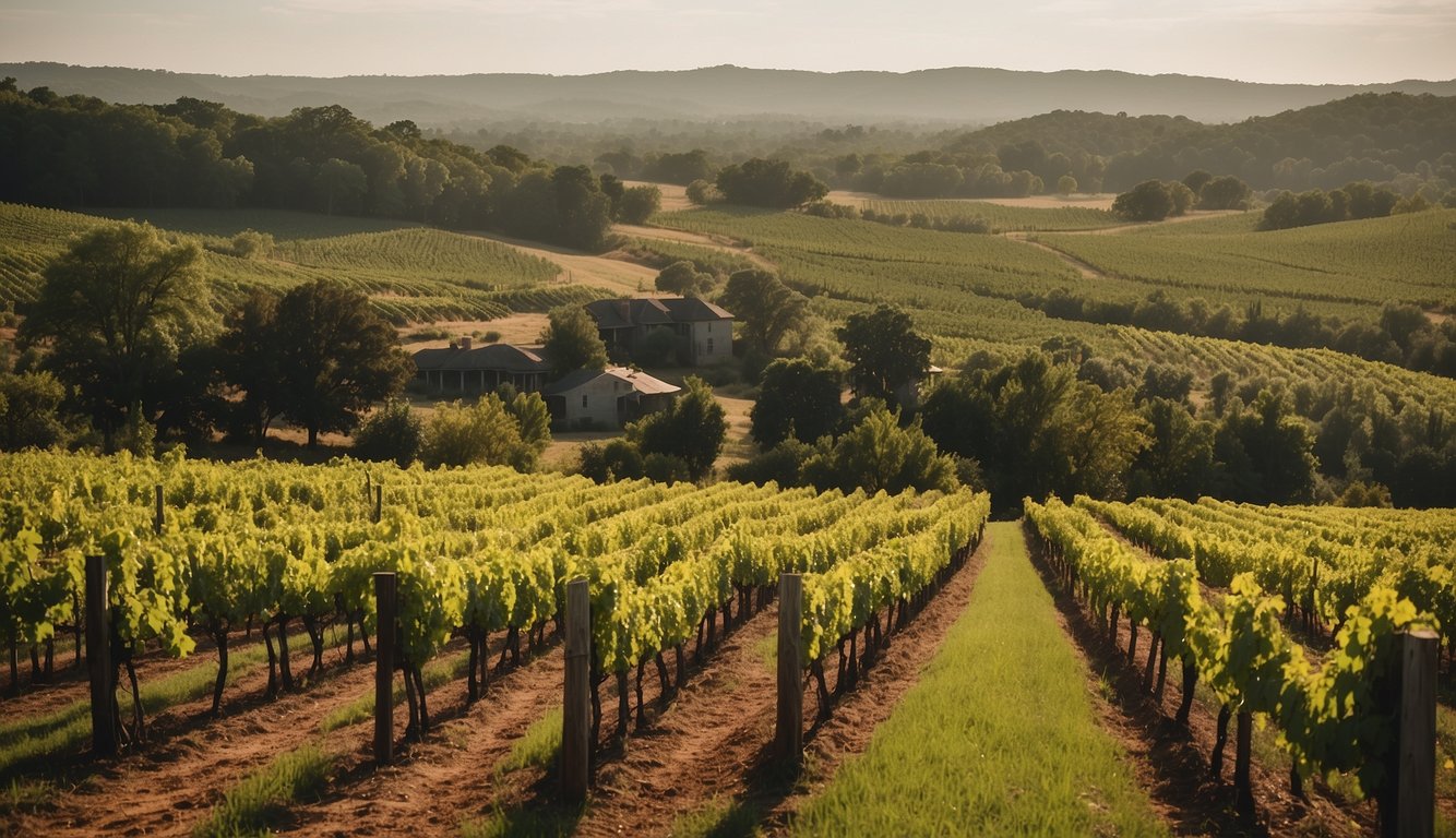 Lush vineyards sprawl across Louisiana's rolling hills, with rows of grapevines stretching into the distance under the warm sun. A charming winery sits nestled among the vines, offering a picturesque view of the verdant landscape