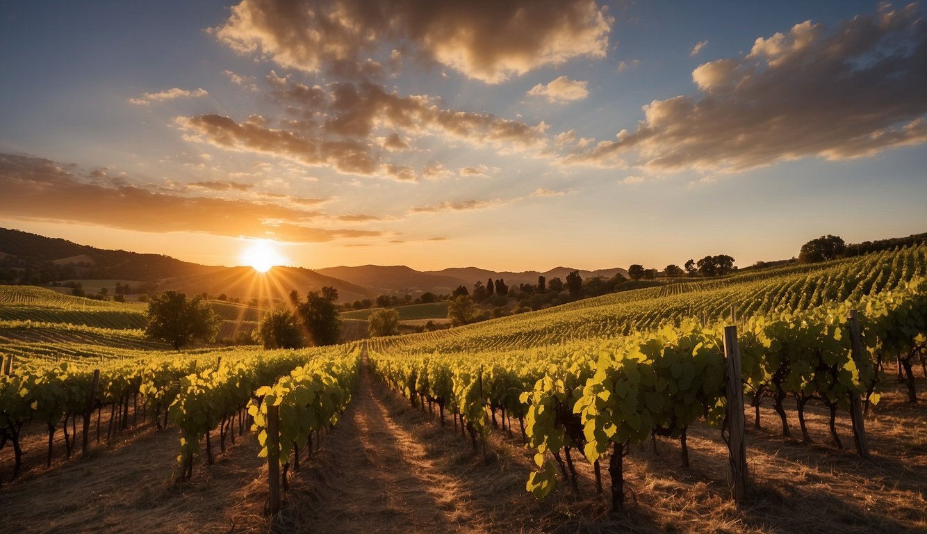 The sun sets over the rolling vineyards of Bogue Falaya Winery, casting a warm glow over the rows of grapevines. The rustic winery building stands proudly in the background, surrounded by lush greenery