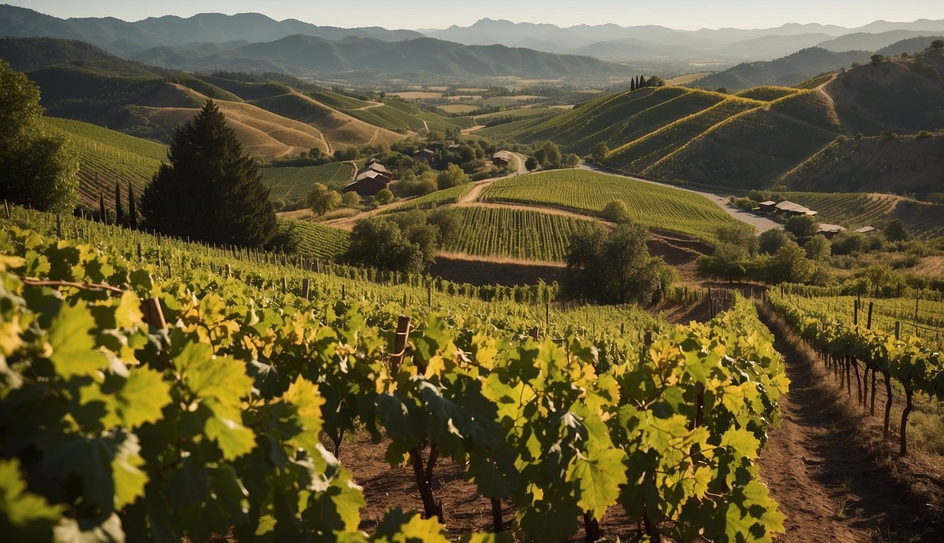 Lush green vineyards sprawl across Turtleback Ridge Winery, bathed in warm sunlight. Rows of grapevines stretch into the distance, creating a picturesque scene of natural beauty