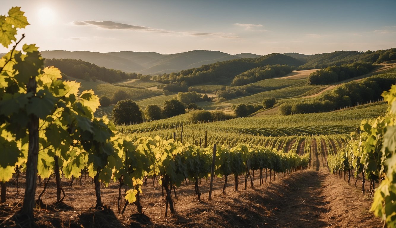 Lush vineyard at Heston Farm Winery, WV. Rolling hills, grapevines, and rustic buildings. Serene and picturesque