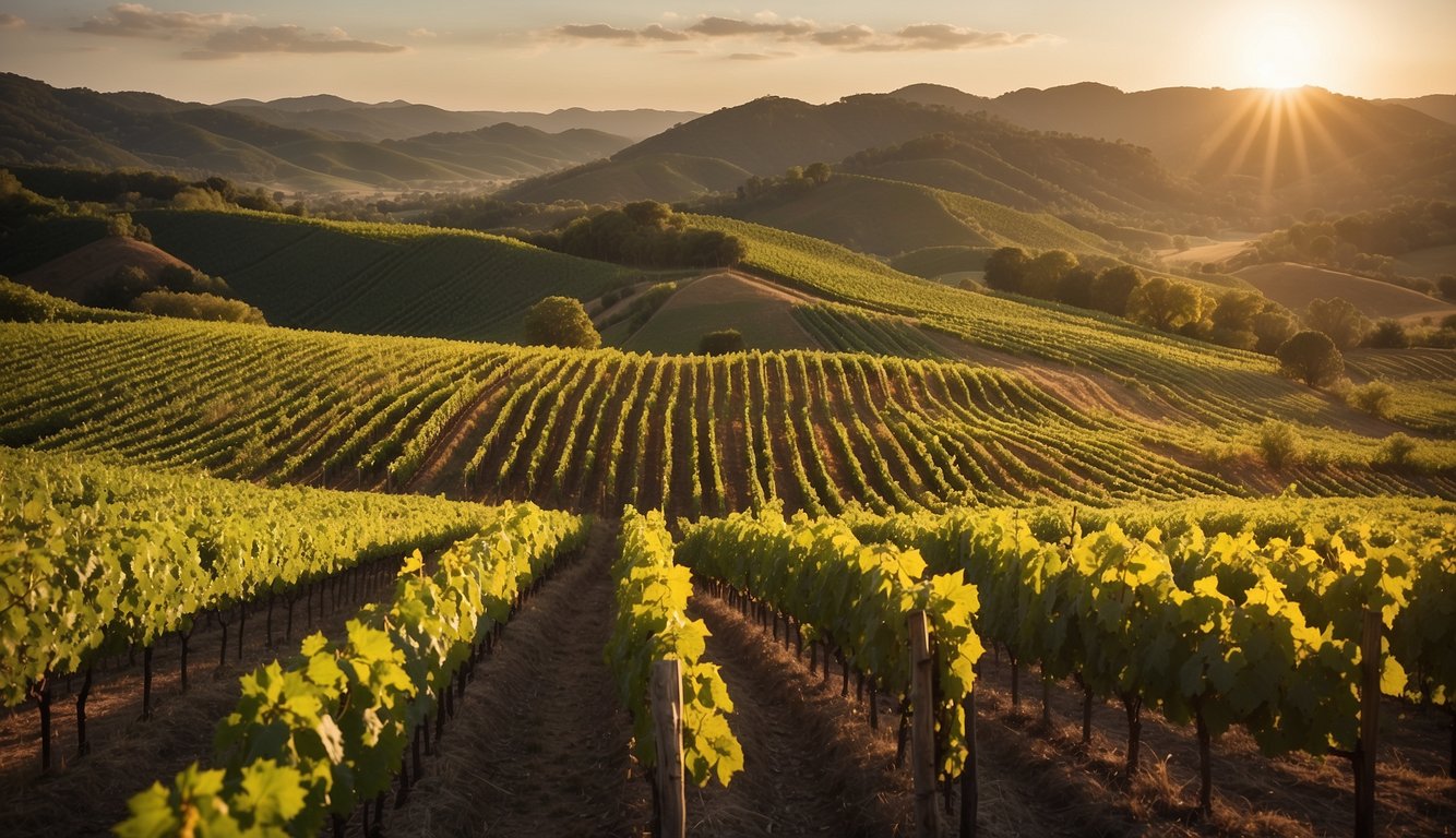 Rolling hills of lush green vineyards, with rows of vibrant grapevines stretching across the landscape. The warm Louisiana sun casts a golden glow over the picturesque scene, highlighting the unique terroir of the region