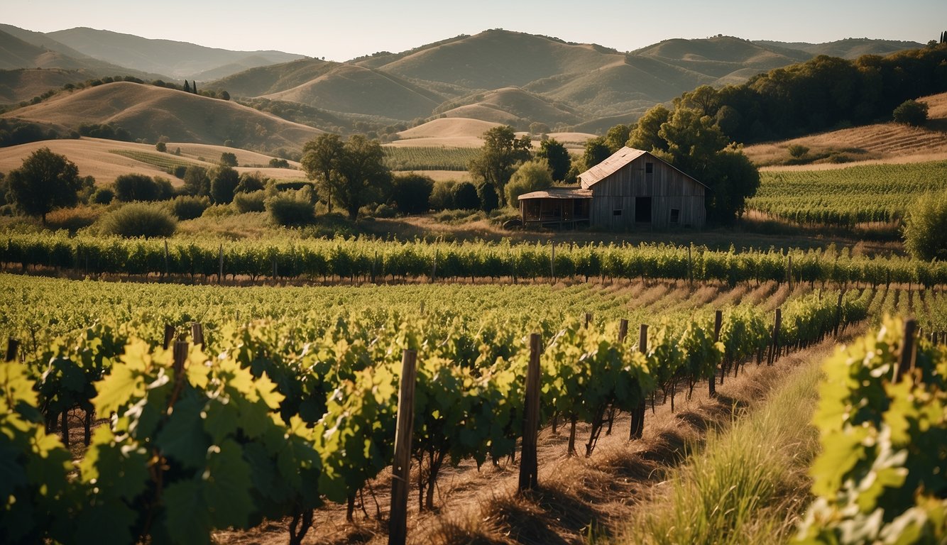 Lush vineyard with rolling hills and rustic farm buildings nestled among the wild bushes