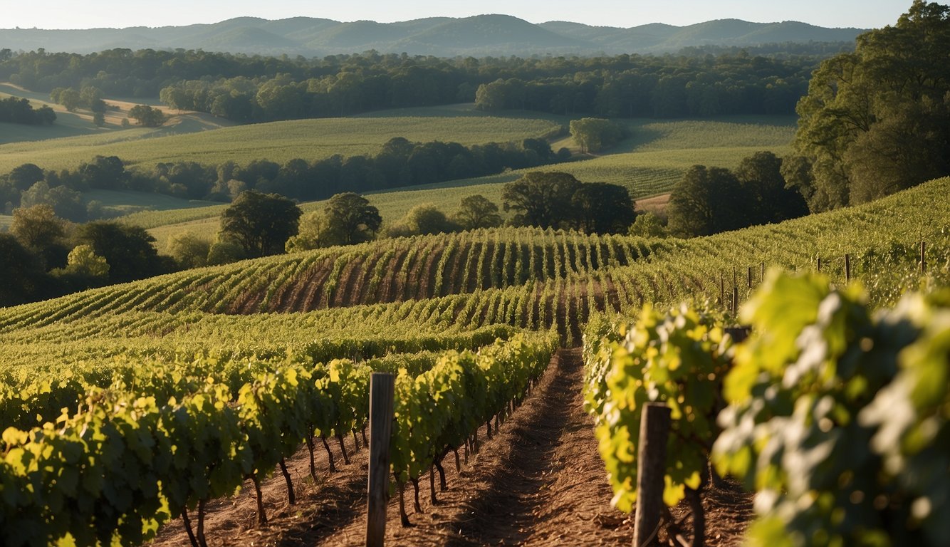 Lush vineyard rows stretch across rolling hills at CedarCroft, with a backdrop of Louisiana's serene countryside