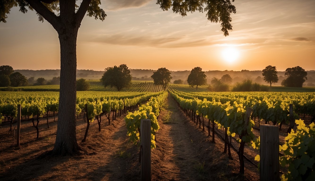 The sun sets over lush rows of grapevines at Pontchartrain Vineyards, one of Louisiana's top 10 vineyards. The rolling hills and tranquil atmosphere create a picturesque setting for wine enthusiasts