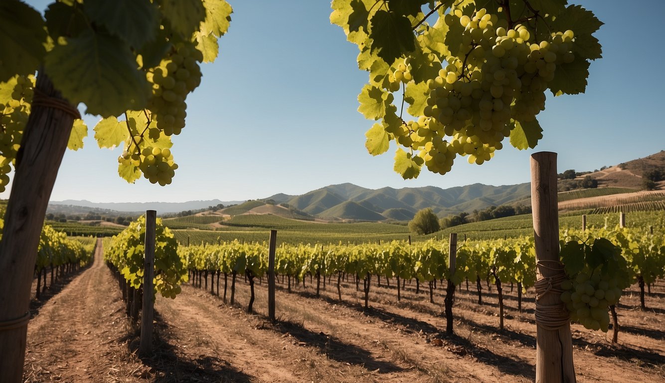 Lush green vineyards at Amato's Winery, with rows of grapevines stretching towards the horizon under a clear blue sky