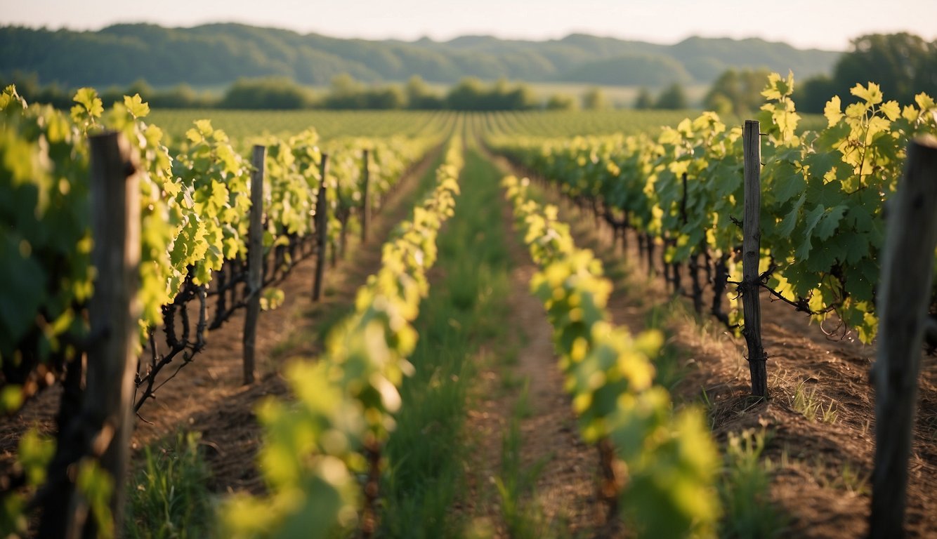 Lush vineyard rows at Caesar Creek, Ohio. Rolling hills, grapevines, and a rustic winery