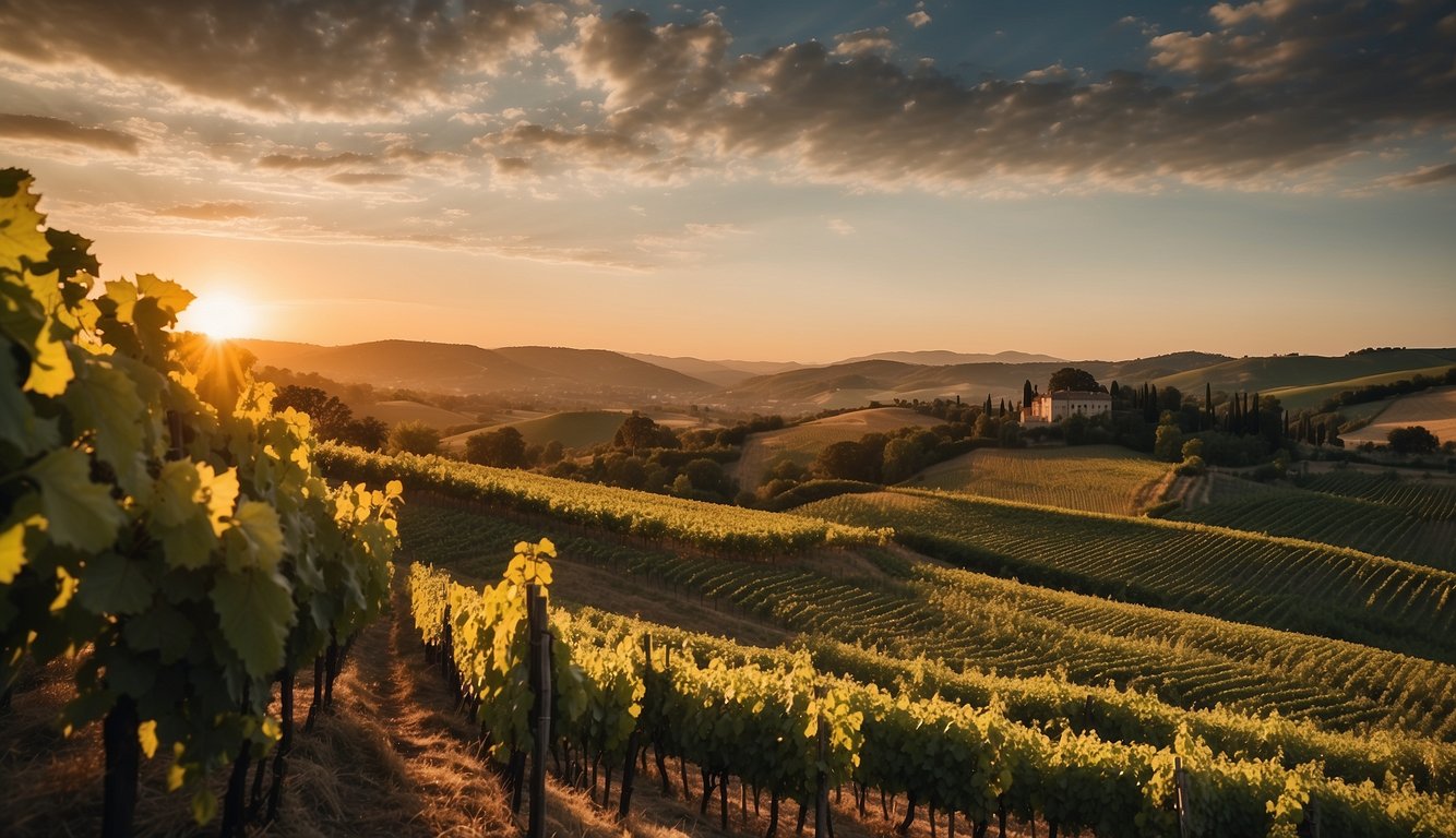 Lush vineyards stretch across rolling hills, leading to a grand winery resembling the opulence of Versailles. The sun sets behind the sprawling estate, casting a warm glow over the picturesque scene