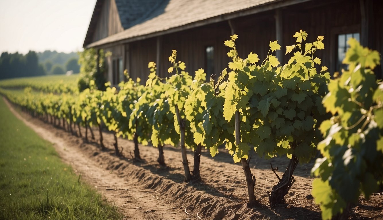 Lush vineyard with rows of grapevines, a rustic winery building, and a charming ristorante nestled in the Ohio countryside