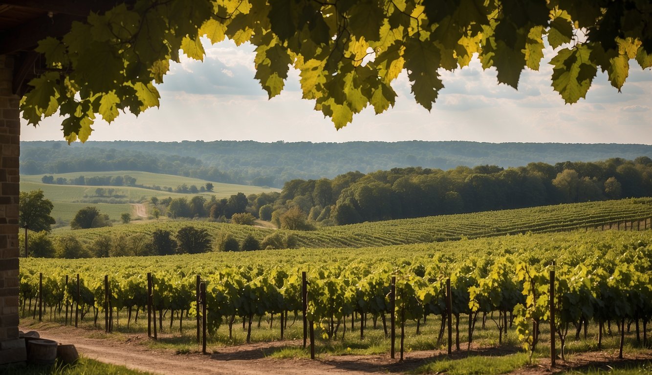 Lush vineyards stretch across rolling hills at Firelands Winery, one of Ohio's top 10. Rows of grapevines lead to a rustic, welcoming tasting room