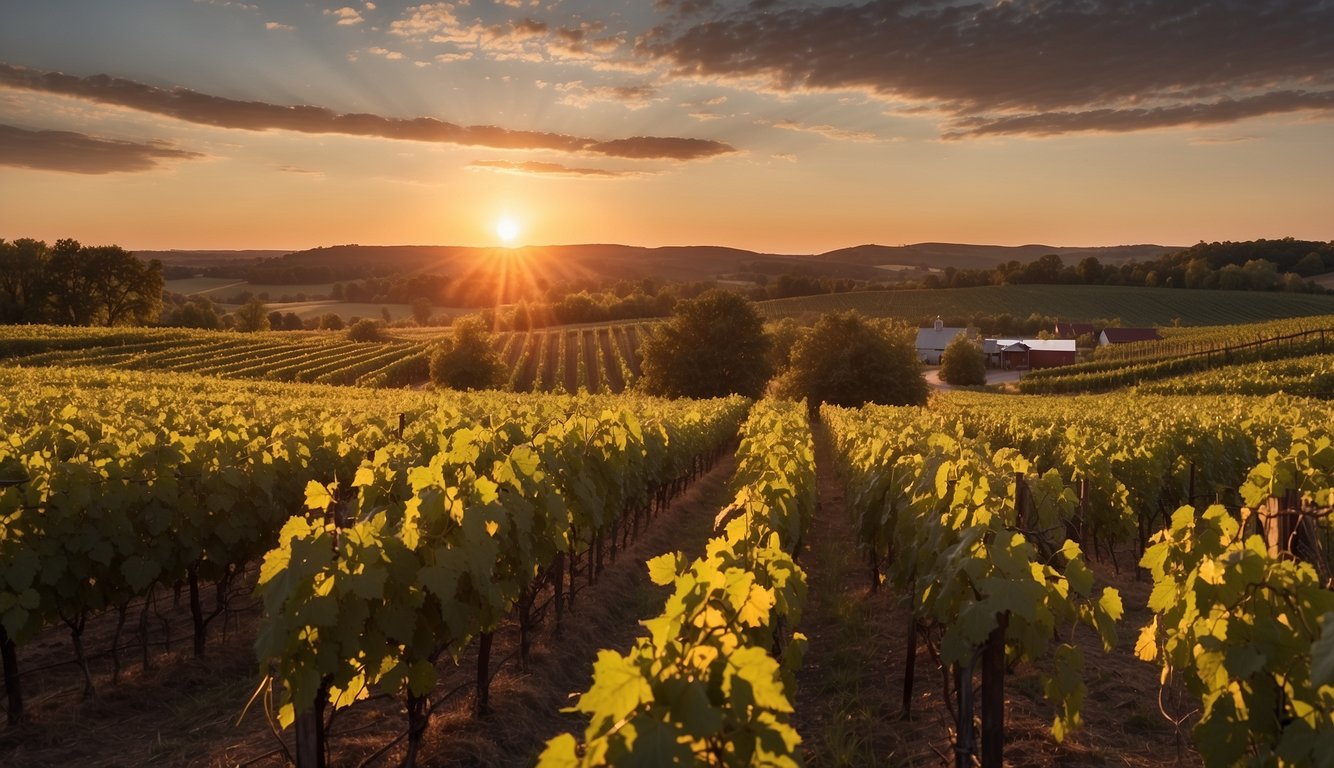 The sun sets over rolling vineyards at Wollersheim Winery & Distillery, a top destination in Wisconsin. Rows of grapevines stretch into the distance, creating a picturesque landscape for an illustrator to recreate