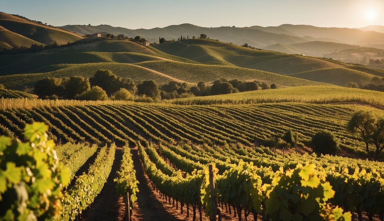 Lush green vineyards stretch across the rolling hills, leading to a charming winery nestled in the landscape. The sun casts a warm glow over the rows of grapevines, creating a serene and picturesque scene