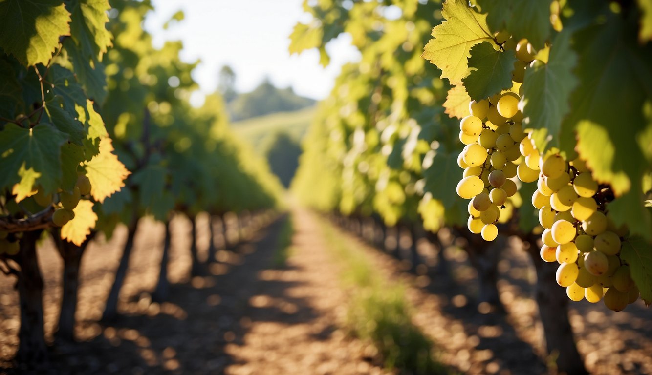 Sunlight filters through the lush vineyard canopy, casting dappled shadows on the rows of grapevines. A gentle breeze rustles the leaves, carrying the sweet scent of ripening fruit