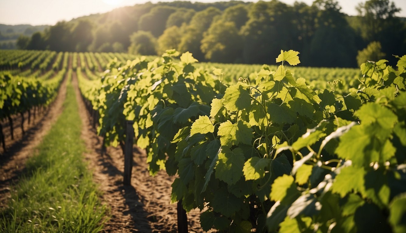 Lush green vines stretch across rolling hills, leading to a rustic winery nestled in the Ohio countryside. Sunlight filters through the leaves, casting dappled shadows on the rich soil below