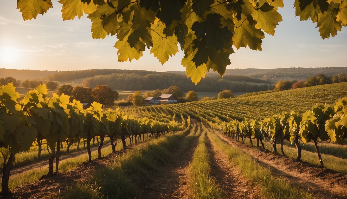 Rolling hills of Ohio vineyards, rows of lush grapevines under the golden sun. A rustic winery stands in the distance, surrounded by picturesque countryside