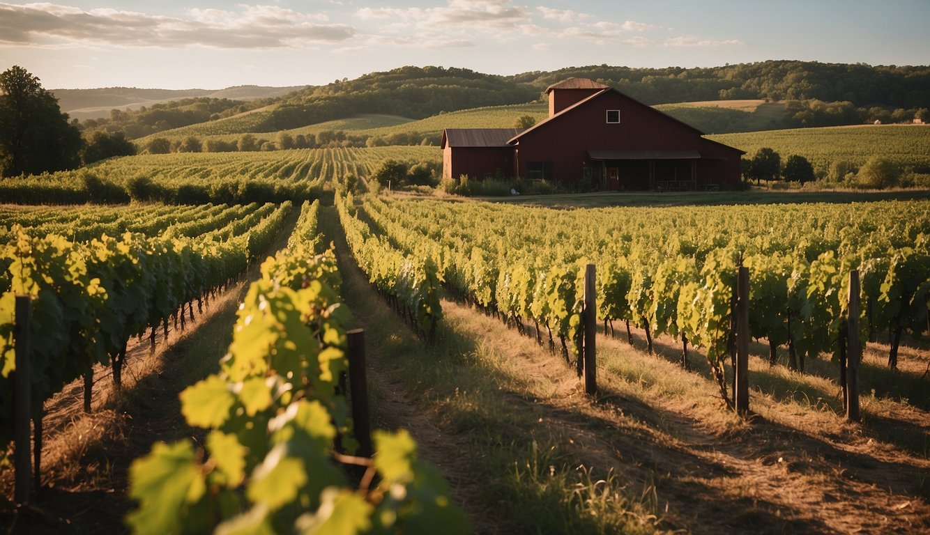 Lush green vineyard rows at Parallel 44 Winery, Wisconsin. Rolling hills, grapevines, and a rustic winery building