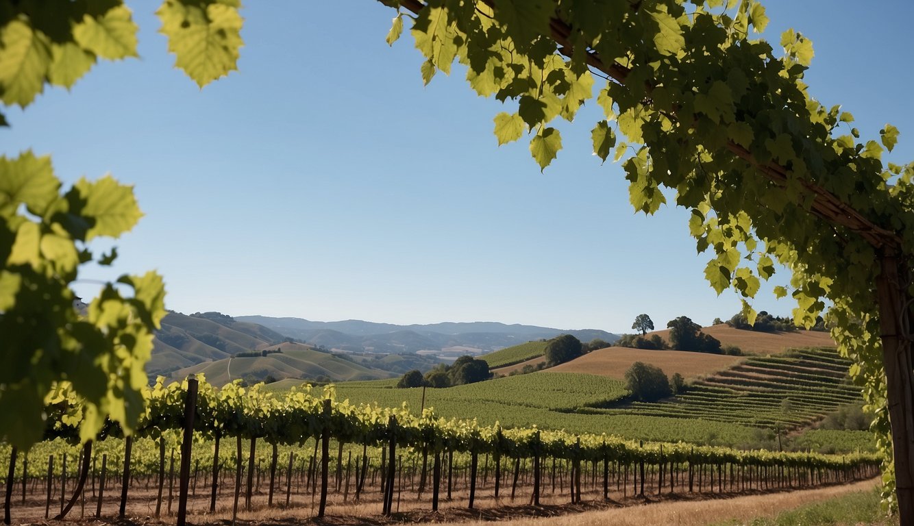 Lush green vines climb the trellises, leading to the rustic Cellar Winery. Rolling hills and a clear blue sky complete the picturesque scene