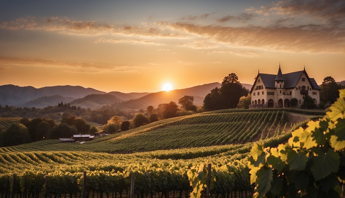 Sunset over Biltmore Winery, rows of lush grapevines stretch across the rolling hills, with a charming rustic winery building in the background