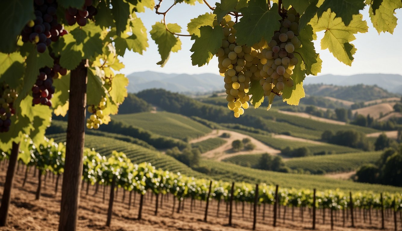 Lush vineyard with rolling hills, rows of grapevines, and a rustic tasting room nestled among the greenery