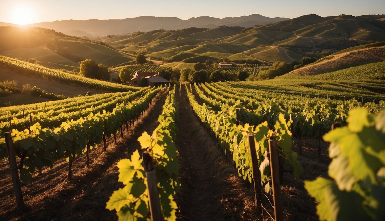 Lush green vineyards stretch across rolling hills, with a rustic winery nestled in the distance. The sun sets behind the picturesque landscape, casting a warm glow over the rows of grapevines