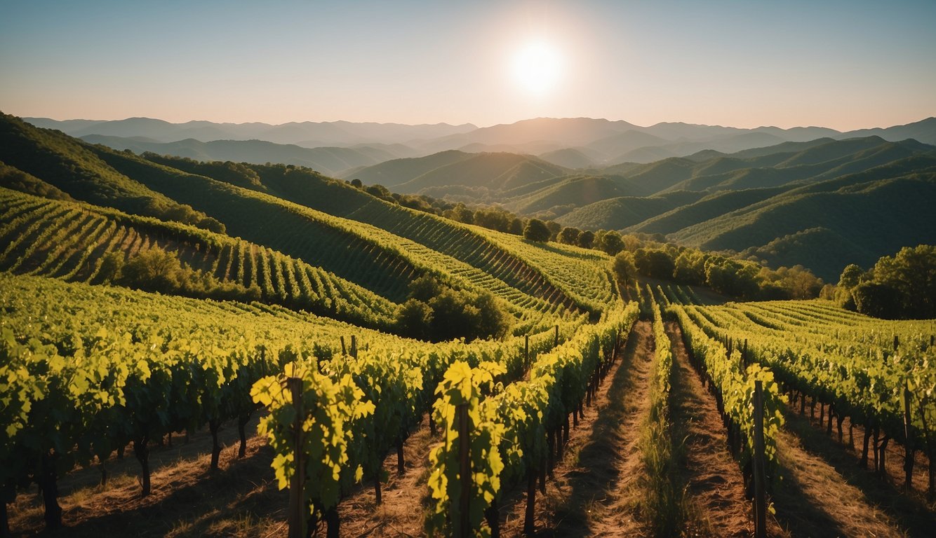 Lush vineyards sprawl over rolling hills, framed by a backdrop of the Blue Ridge Mountains. Rows of grapevines stretch into the distance, basking in the warm South Carolina sun