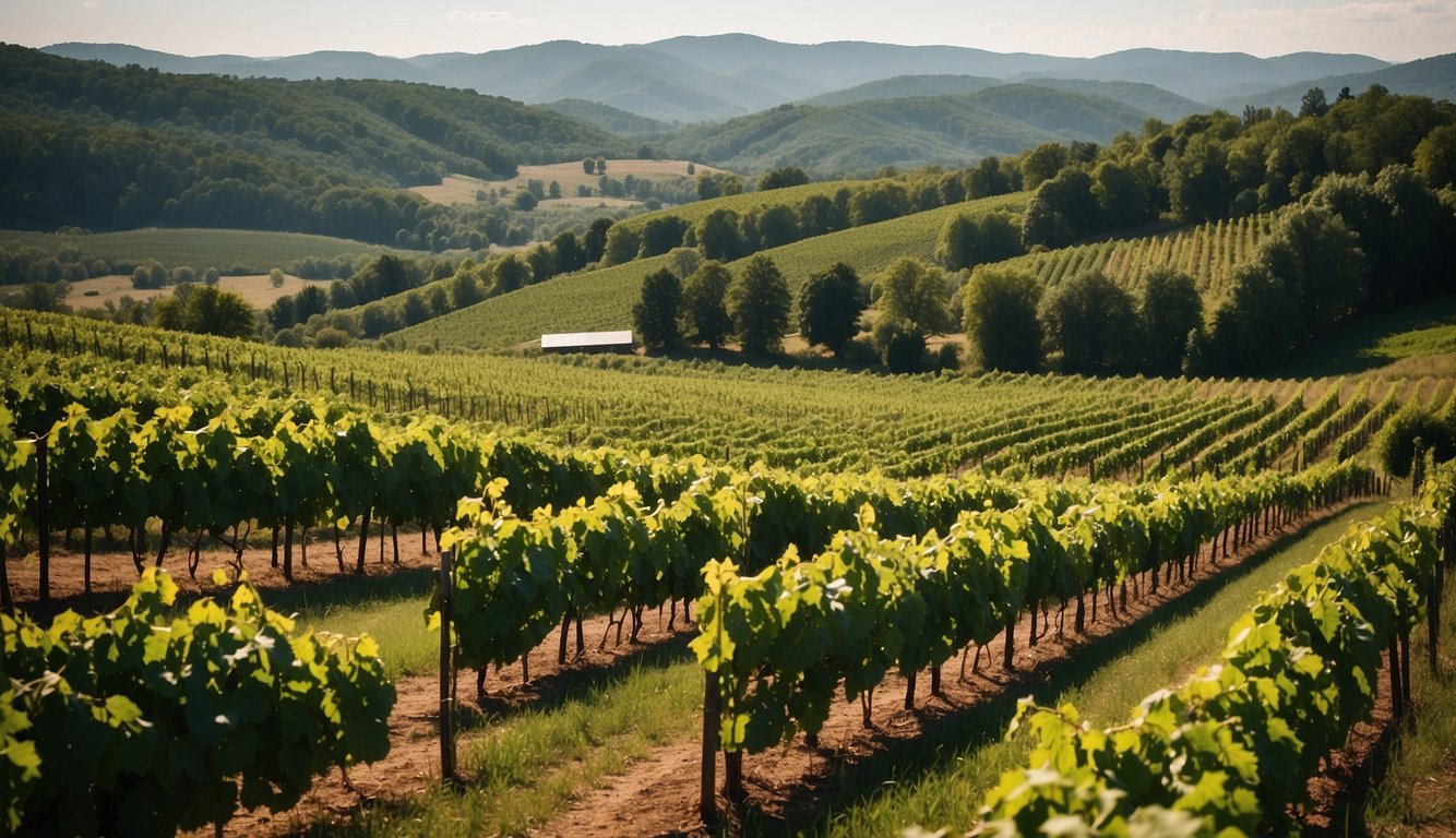 Lush green vineyards stretch across rolling hills at Kirkwood Winery, with rows of grapevines basking in the warm West Virginia sun