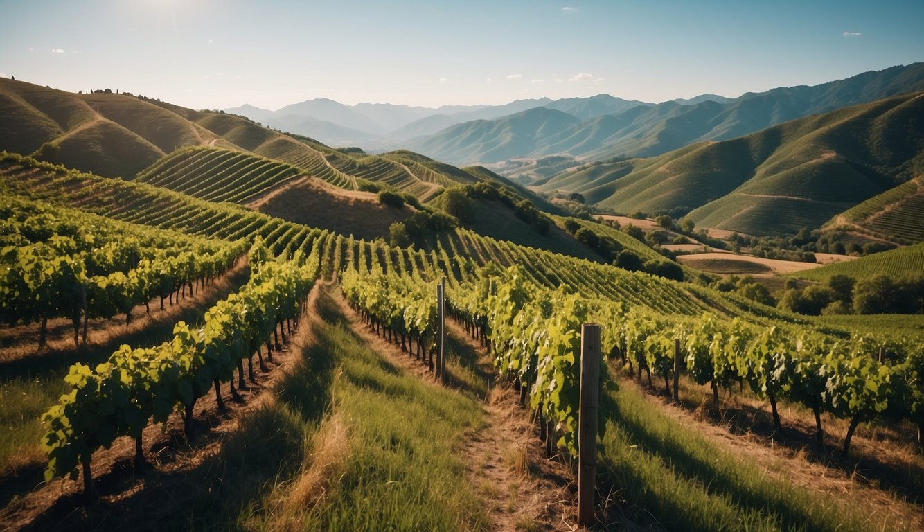 Lush green vineyards spread across rolling hills with a backdrop of mountains and a clear blue sky