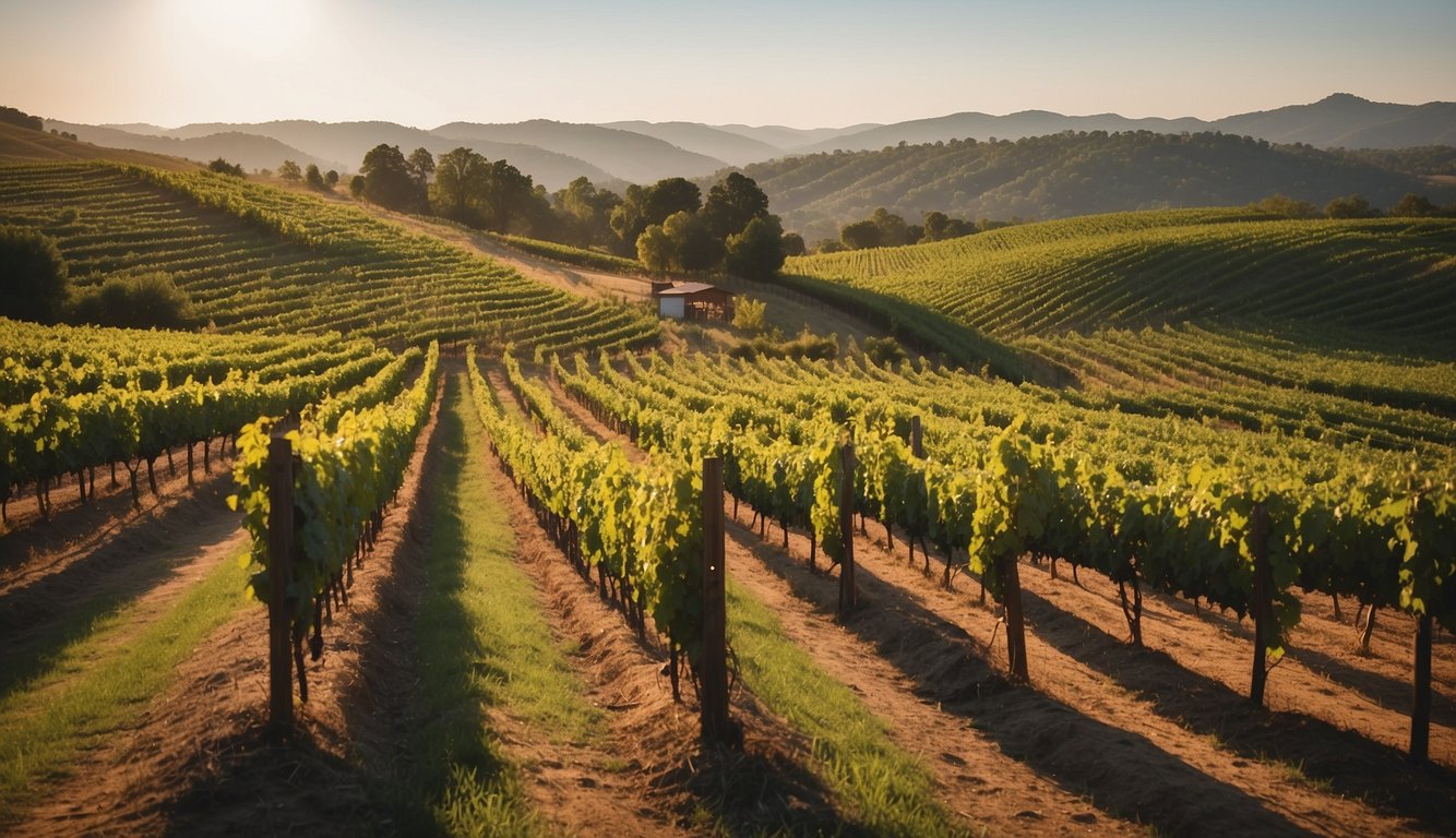 Lush vineyard rows at Iron Gate Winery in South Carolina. Rolling hills, grapevines, and a rustic tasting room