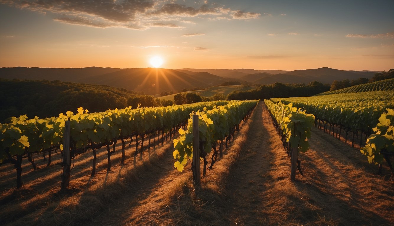 Vineyards sprawl across the rolling hills of South Carolina, showcasing a variety of grape species. The sun sets behind the lush, green vines, casting a warm glow over the picturesque landscape