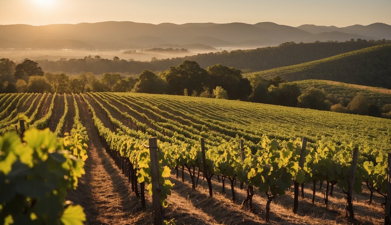 Rolling hills of lush green vineyards stretch across the South Carolina landscape. Rows of grapevines bask in the warm sun, while historic wineries stand proudly in the distance