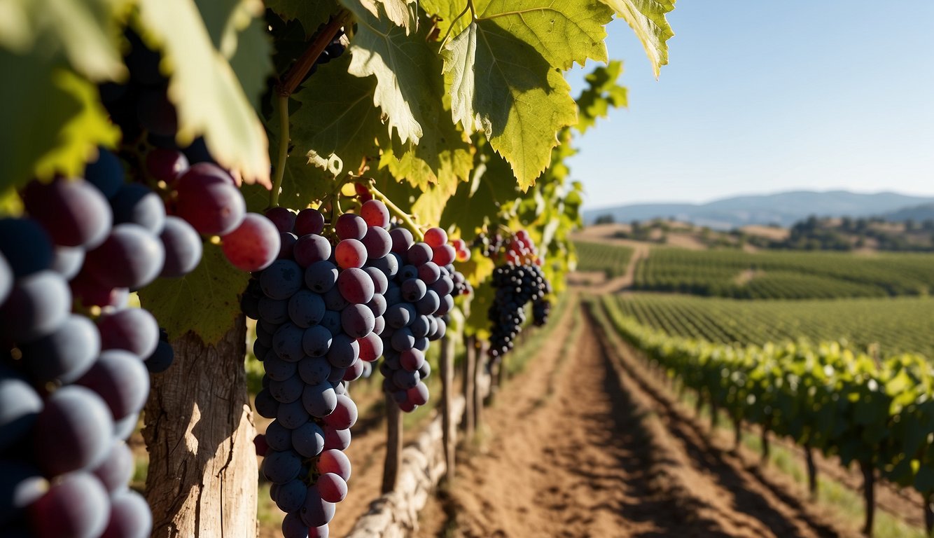 Vineyard landscape with rows of grapevines, rolling hills, and a clear blue sky. Wine varietals sign displayed at entrance