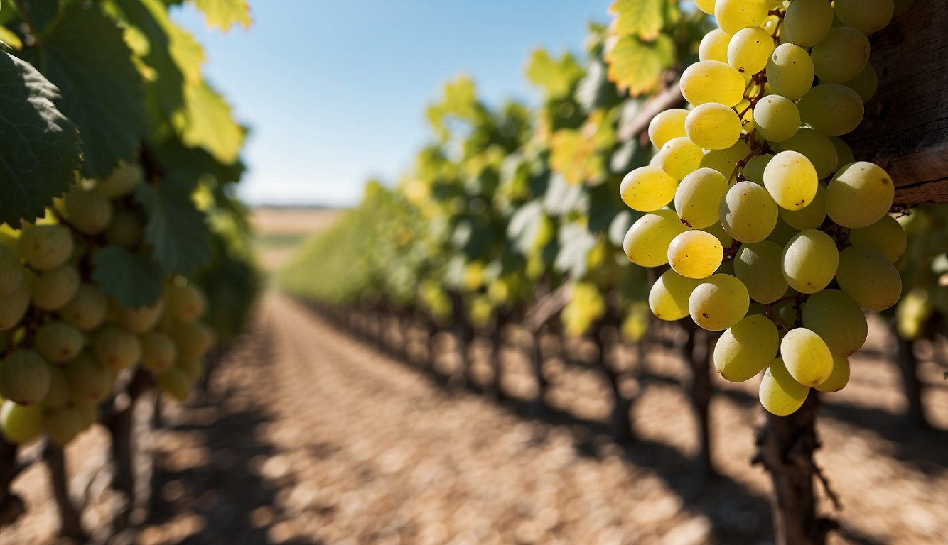 Rolling hills meet endless vineyards under a clear blue sky in South Dakota. Grapes bask in the warm sun, thriving in the unique climate and terroir of the region