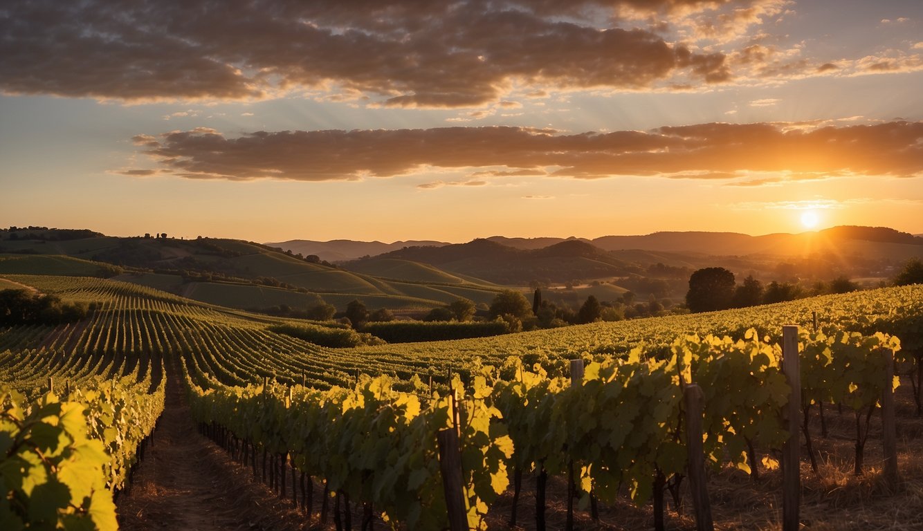 The sun sets behind the rolling hills of Belle Joli' Winery, casting a warm glow over the lush vineyards. The rows of grapevines stretch out towards the horizon, creating a picturesque scene of natural beauty