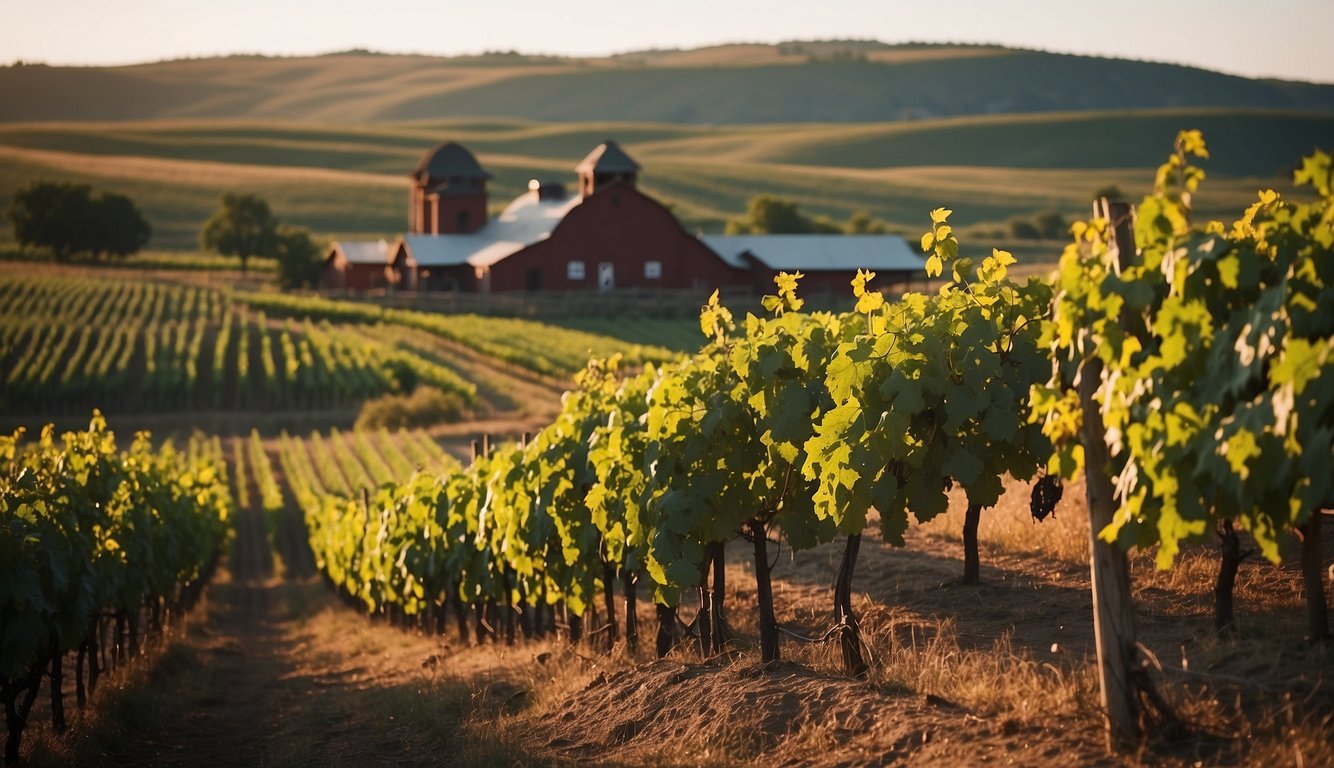 Lush vineyard rows at Schade Winery, South Dakota. Rolling hills, grapevines, and a rustic winery building