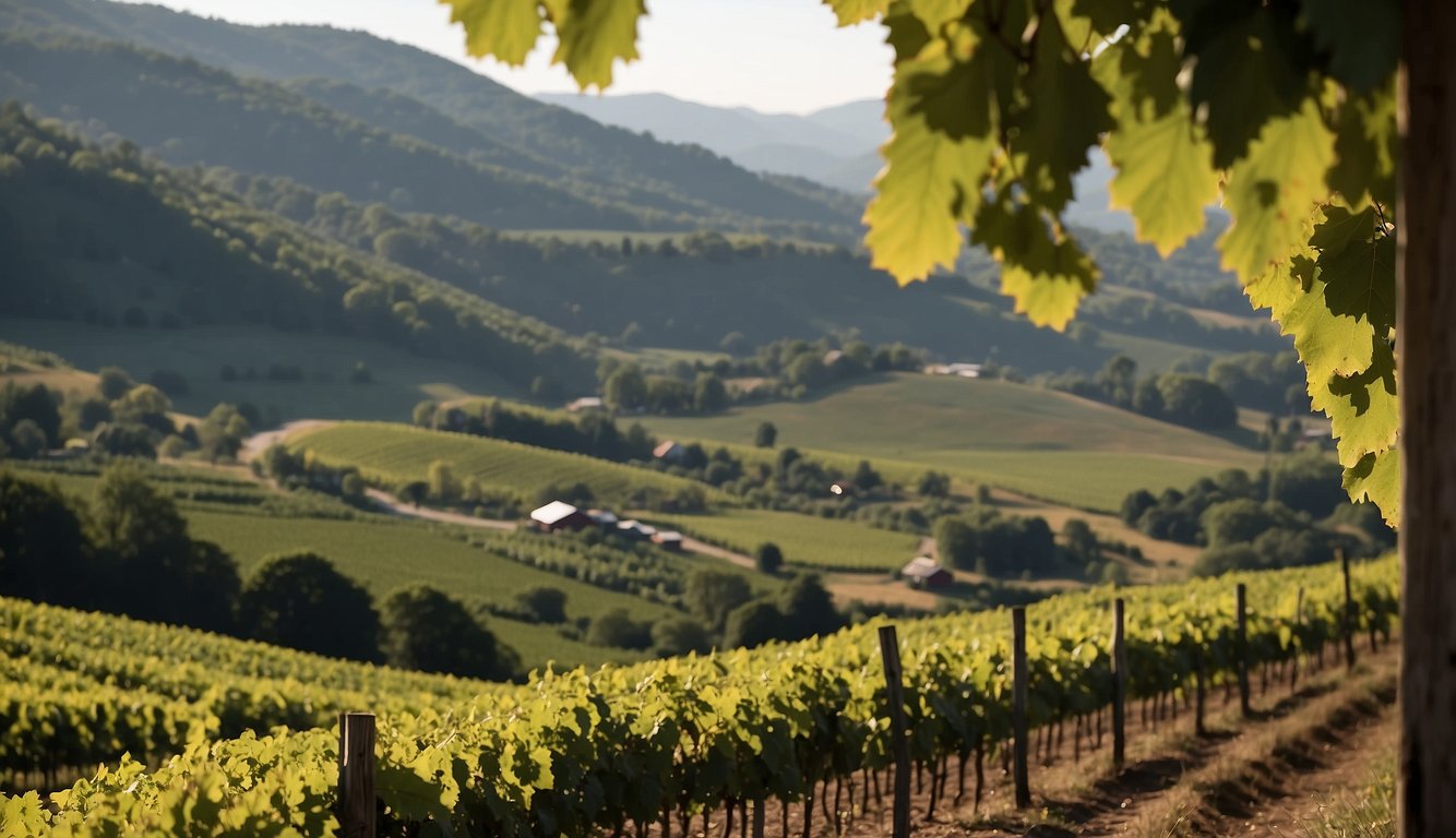 Lush vineyards sprawl across rolling hills, framed by the Appalachian Mountains. A rustic winery overlooks rows of grapevines, while a nearby farm offers fresh local produce