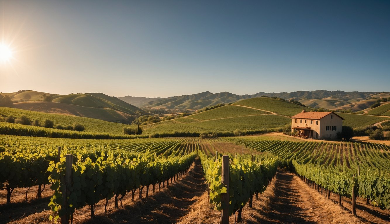 Rolling hills of lush green vineyards stretch to the horizon, bordered by a clear blue sky. The sun casts a warm glow over the rows of grapevines, and a charming winery building stands in the distance