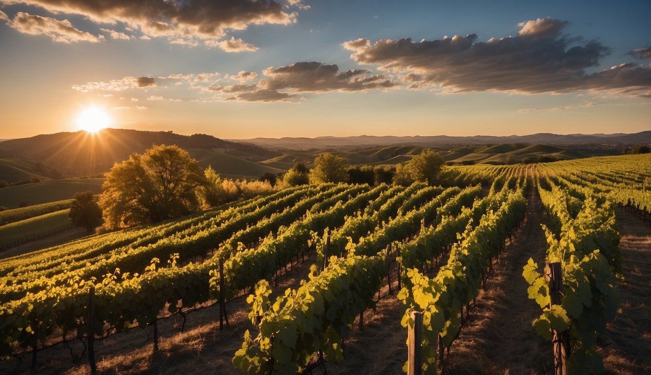 The sun sets over the rolling hills of Calamity Jane Winery & Mercantile, with lush vineyards stretching as far as the eye can see