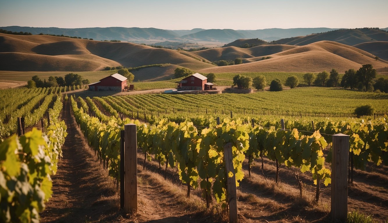 Vibrant vineyard rows stretch across rolling hills, leading to Firehouse Wine Cellars, nestled in the heart of South Dakota's picturesque landscape