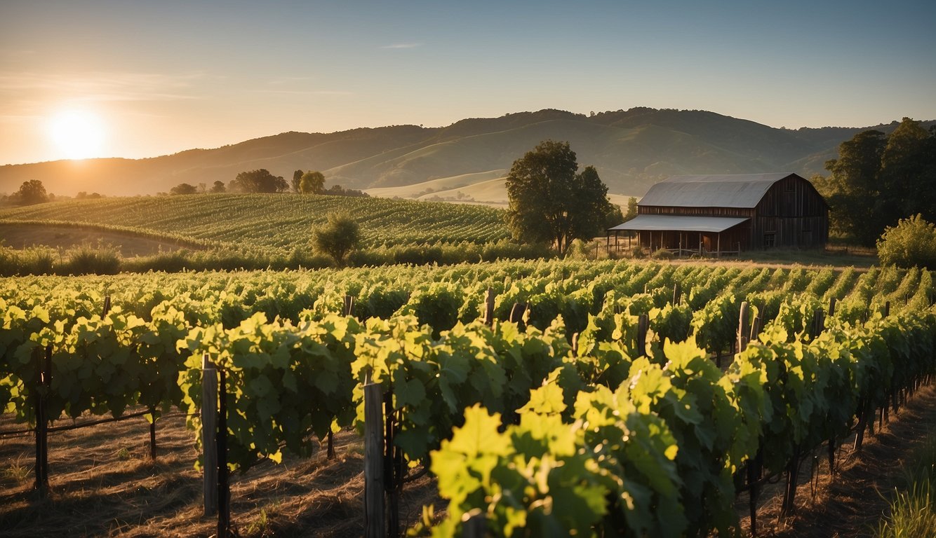 Lush green vines stretch across rolling hills at Fresh Tracks Farm Vineyard & Winery, with a rustic barn and tasting room nestled among the rows