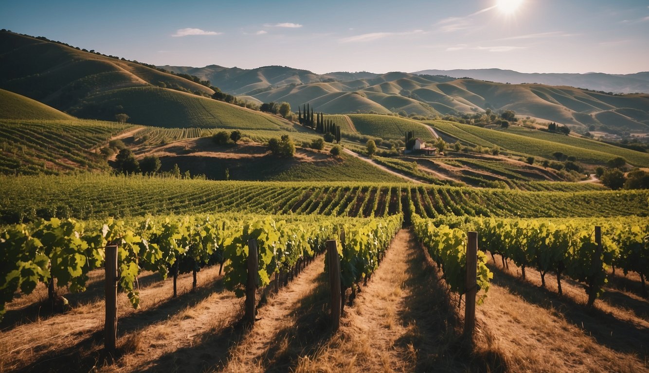 Rolling hills, lush green vines, and charming wineries dotting the landscape. A serene setting with rows of grapevines stretching into the distance