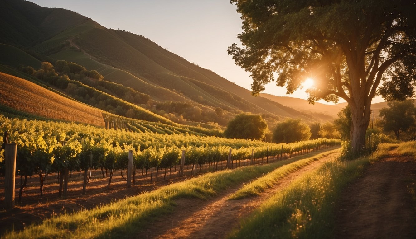 Rolling hills with rows of lush vineyards, a rustic winery nestled among the trees, and the warm glow of the setting sun casting a golden hue over the landscape