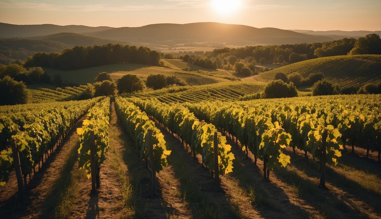 A picturesque vineyard nestled in the rolling hills of Vermont, with rows of lush grapevines stretching towards the horizon under the warm glow of the sun