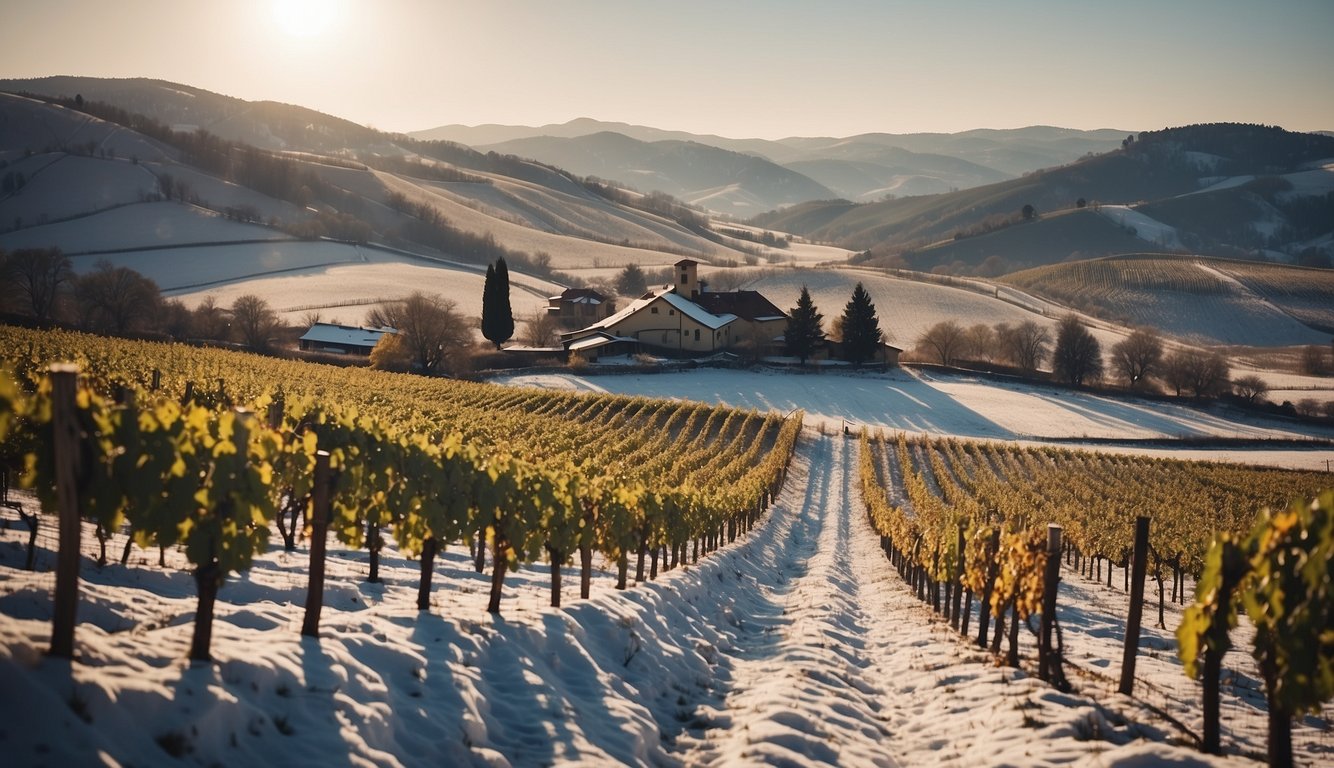 A picturesque vineyard with rows of grapevines stretching across the rolling hills, surrounded by snowy fields and a cozy winery nestled in the distance