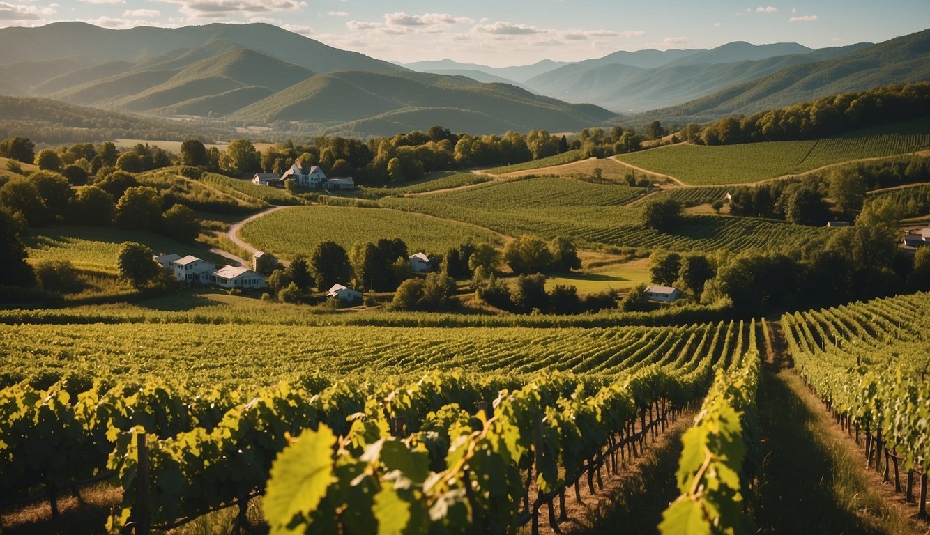 Lush green vineyards sprawl across rolling hills, framed by the majestic backdrop of the Vermont mountains. Rows of grapevines stretch into the distance, basking in the warm sunlight of a perfect summer day