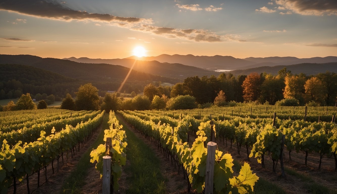 Rolling hills of Vermont vineyards, each with its own unique varietals, stretching as far as the eye can see. The sun sets behind the mountains, casting a warm glow over the lush green vines