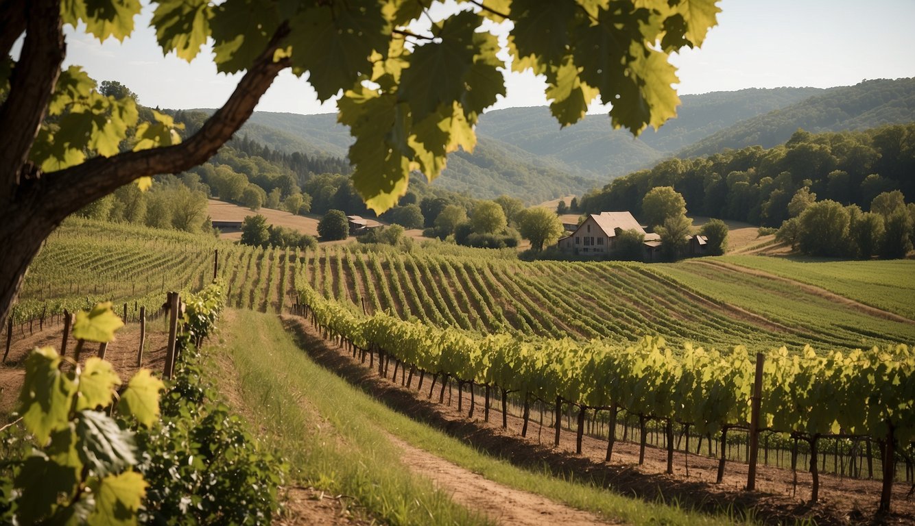 A picturesque vineyard nestled along the Neshobe River, surrounded by lush greenery and rolling hills. The winery's rustic buildings and rows of grapevines create a serene and inviting atmosphere