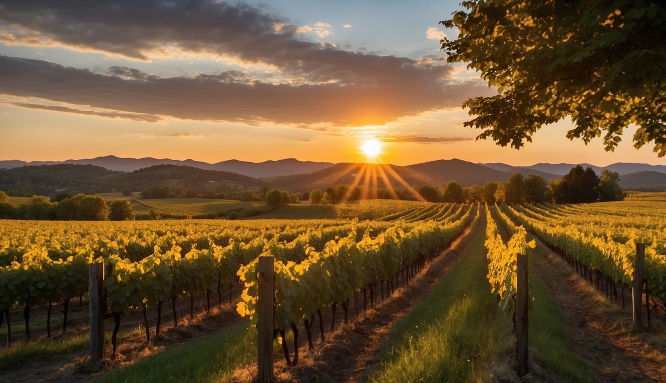 Golden sun setting over lush vineyard rows at Sunset Meadow Vineyards, one of Vermont's top 10