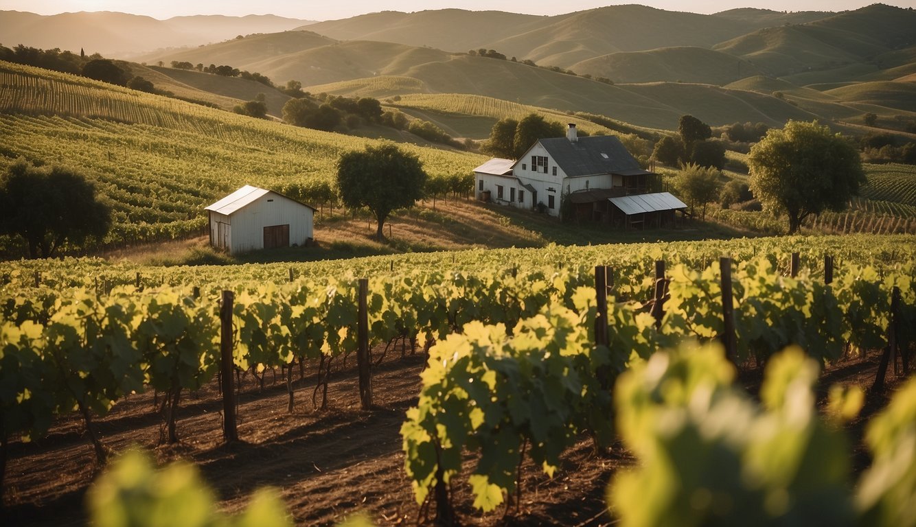 Lush vineyards with organic farming, solar panels, and composting bins. Rolling hills, grapevines, and a rustic farmhouse. Clean air and a sense of harmony with nature