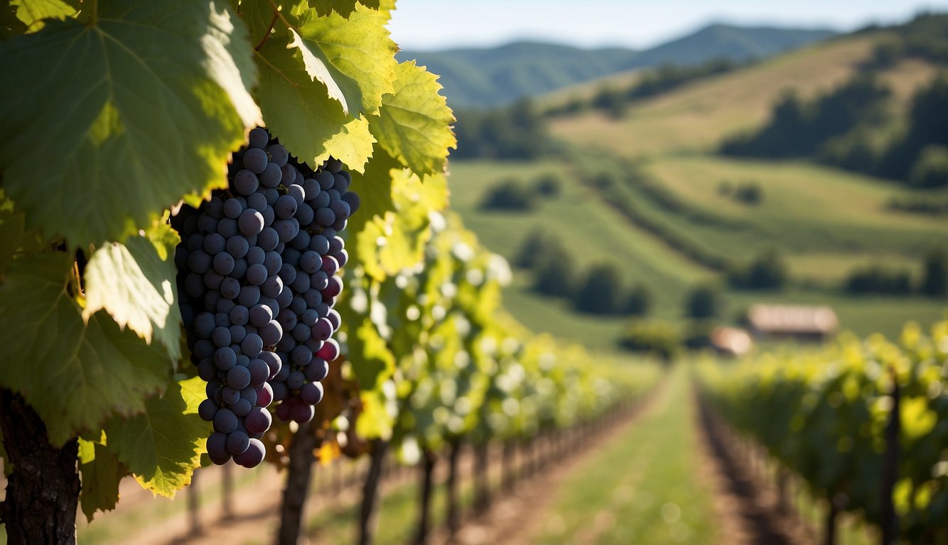 Lush green vineyard rows with ripe grapes, a rustic winery building, and rolling hills in the background at Millbrook Vineyards & Winery