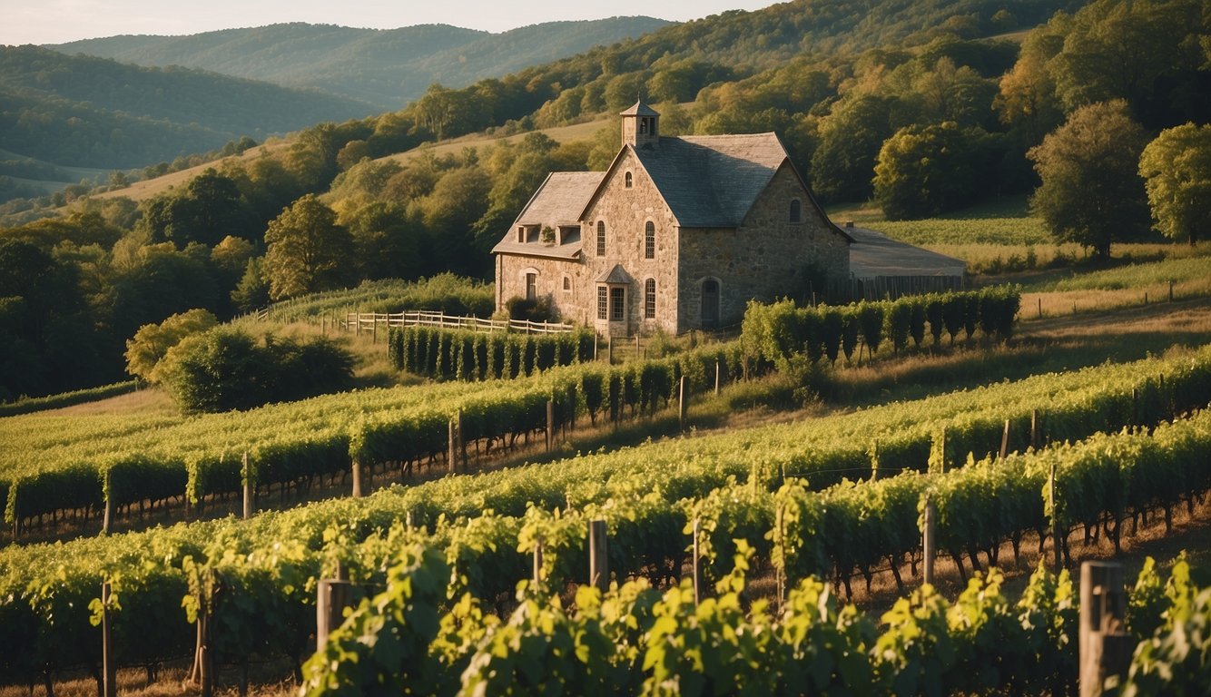 A picturesque vineyard with rolling hills, lush green vines, and a charming winery building nestled in the countryside of West Virginia