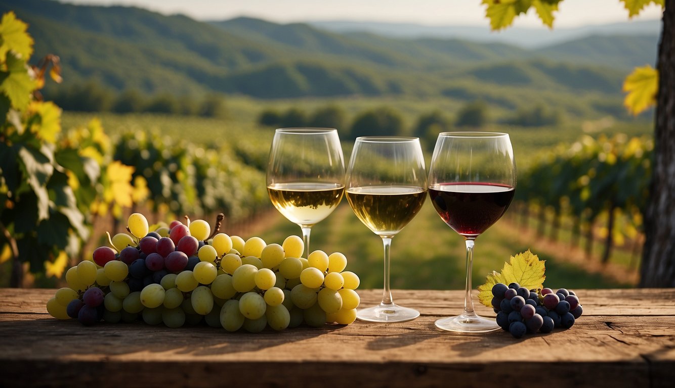 A rustic wooden table with various wine glasses and bottles, surrounded by lush vineyards and rolling hills in New York